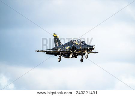 Anglesey , Wales - April 26 2018 : British Aerospace Hawk T.2 Landing At Anglesey Raf Valley Airport