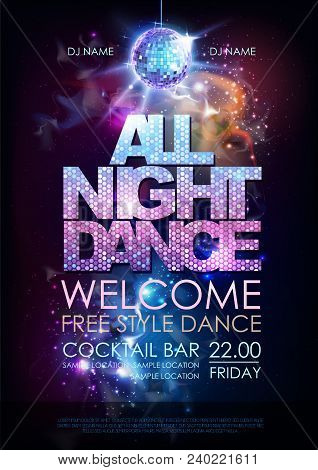 Disco Ball Background. Disco All Night Dance Party Poster On Open Space Background