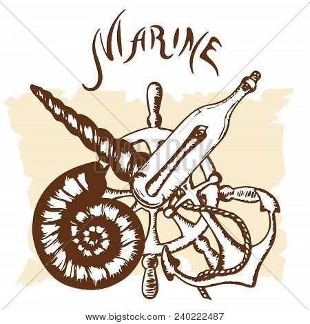 Marine Logo In Retro Style Hand-drawn, White Background, Sea Emblem For T-shirt, Emblem For Pićati, 