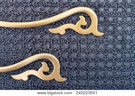 Element Of A Gold Door Handle On A Gray Display Case In A Furniture Store. There Is Free Space For T