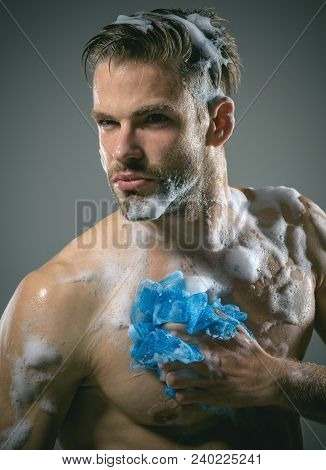 Macho Washing With Sponge. Man With Beard Is Washed, Sponge For Body. Mucular Attractive Young Man T