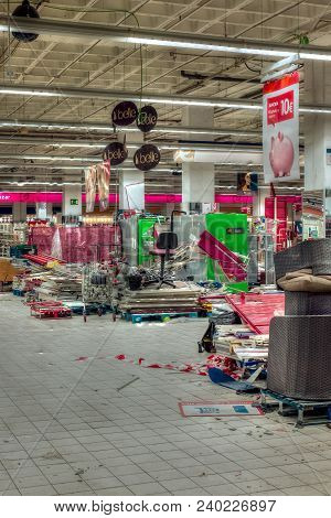 Malaga, Spain - April 14, 2018. Renovation Of Comercial Space Eroski From Larios Center, Malaga City