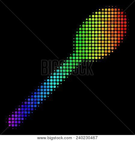 Dotted Bright Halftone Spoon Icon In Rainbow Color Tinges With Horizontal Gradient On A Black Backgr