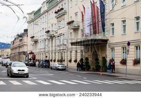 Salzburg, Austria - Circa Oct 2017: Street In Modern Part Of Salsburg, Traffic. Carriageway, Buildin