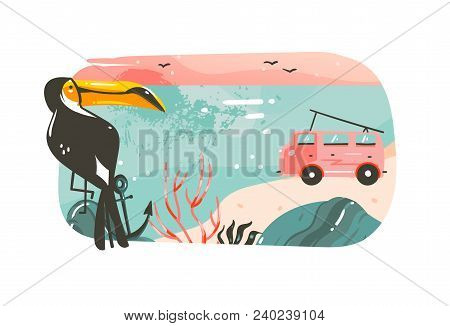 Hand Drawn Vector Abstract Cartoon Summer Time Graphic Illustrations Art Banner Background With Ocea