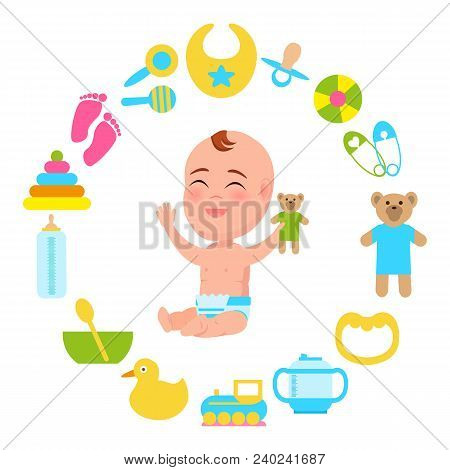 Toddler Infant In Diaper With Plush Teddy Bear In Hand Frame Made Of Accessories For Kids Fun And Ca