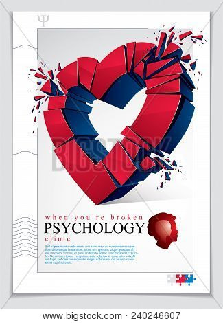 Broken Heart Concept Breakup, 3d Realistic Vector Illustration Of Heart Symbol Exploding To Pieces, 