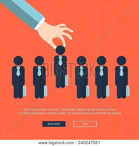 Choosing The Best Candidate For The Job Concept. Hand Picking Up A Businessman From The Row. Flat Ve