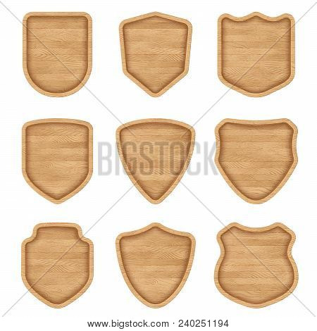 Set Of Realistic Wooden Sign Plates With Texture. Medieval Shield Signs For Restaurants, Pubs, Bars.