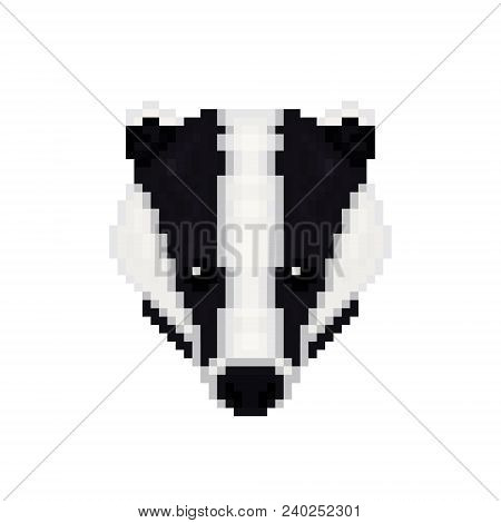 Badger Head In Pixel Art Style. Vector Illustration.