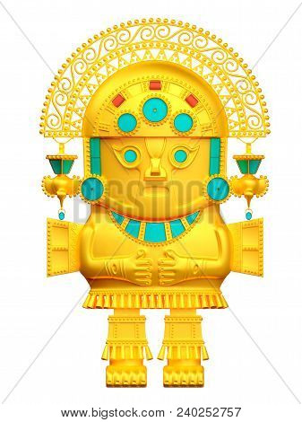 Idol Of Inca Culture, Gold Native Statuette. 3d Illustration