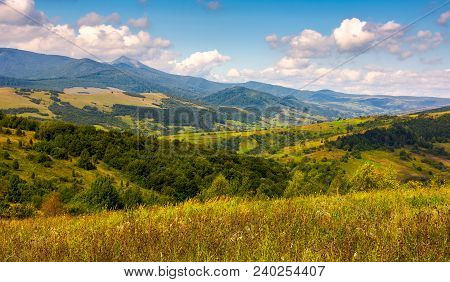Autumnal Countryside Of Carpathian Mountains. Forested Hills And Magnificent Pikui Peak Of Carpathia