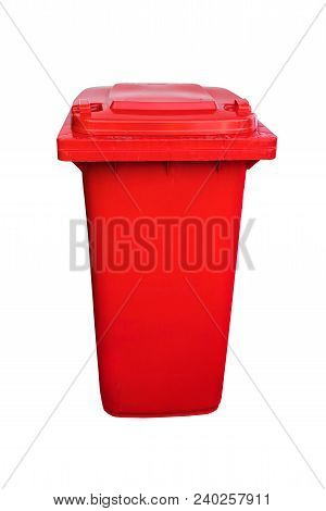 Plastic Red Public Trash Can Or Rubbish Bin Isolated On White, Clipping Path.