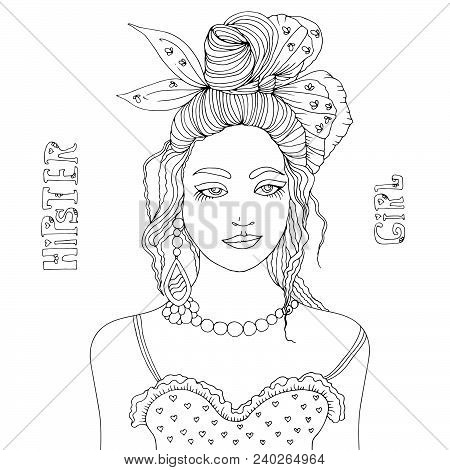 Vector Hand Drawn Portrait Of A Young  Stylish Girl. Hipster Girl Her Hair Collected In Bunch With A