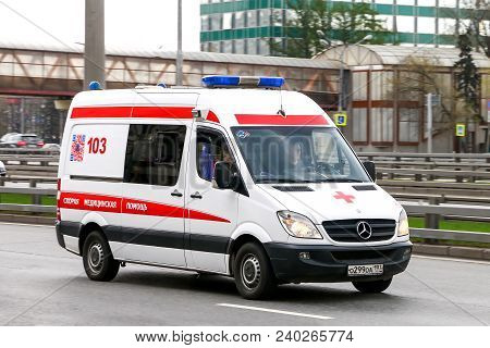 Moscow, Russia - May 2, 2018: Modern Ambulance Car Mercedes-benz Sprinter In The City Street.