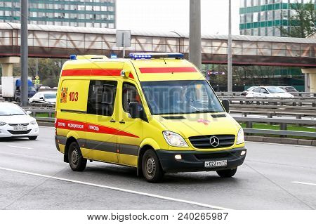 Moscow, Russia - May 2, 2018: Modern Ambulance Car Mercedes-benz Sprinter In The City Street.