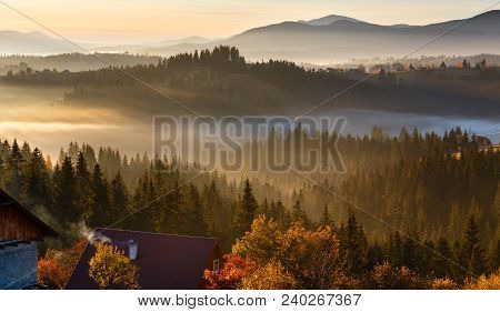 First  Sunrise Rays Of Sun And Shadows Through Fog And Trees On Slopes. Morning Autumn Carpathian Mo