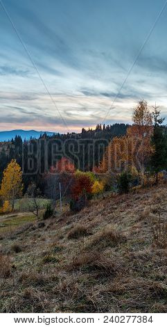 Evening Twilight Carpathian Mountains And Village Hamlets On Slopes (yablunytsia Village And Pass, I