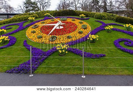 Geneva, Switzerland - April 1, 2018:  The Flower Clock In Jardin Anglais Park In Geneva, Created In 