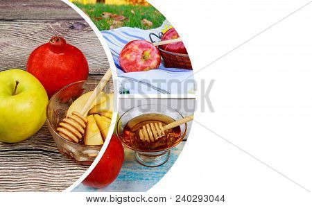 Shofar And Tallit Honey And Apples On Wooden Table Over For Rosh Hashanah Traditional Food Of Jewish