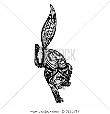 Vector Image Of A Fox On The Hunt. Black And White Traditional Ornament.
