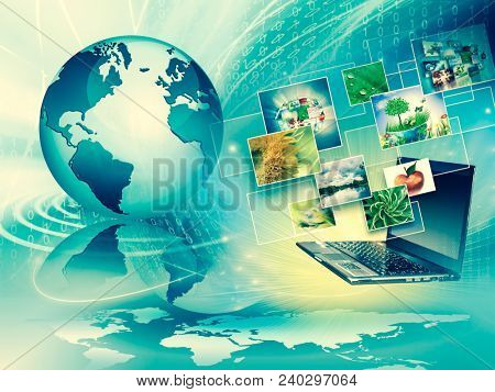 Computer mobility, internet communication and cloud computing concept: laptop with cloud of color application icons