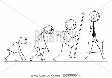 Cartoon Stick Man Drawing Conceptual Illustration Of Human Businessman Evolution Process Progress.