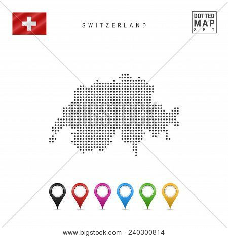 Dotted Map Of Switzerland. Simple Silhouette Of Switzerland. The National Flag Of Switzerland. Set O