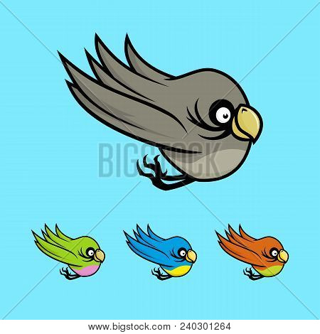 Vector Set Of Cartoon Birds In Various Colors On Blue Background.