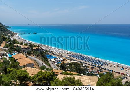 Kathisma Beach, Lefkada, Greece - July 16, 2014: Tourists At Kathisma Beach , Lefkada, Ionian Island