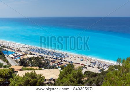 Kathisma Beach, Lefkada, Greece - July 16, 2014: Tourists At Kathisma Beach , Lefkada, Ionian Island