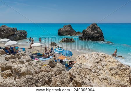 Megali Petra Beach, Lefkada, Greece - July 16, 2014: Panoramic View Of Blue Waters Of Megali Petra B
