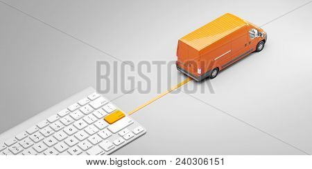 Keyboard With Delivery Button And Red Post Van. Purchase Of Goods In A Single Click. Concept. 3d Ill