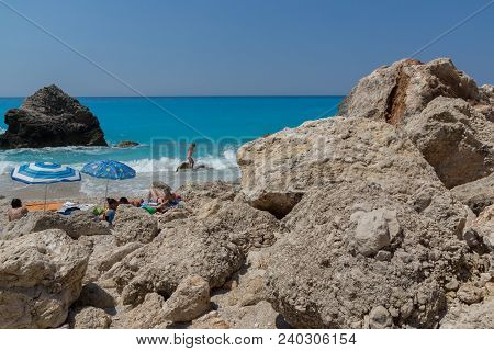 Megali Petra Beach, Lefkada, Greece - July 16, 2014: Panoramic View Of Blue Waters Of Megali Petra B