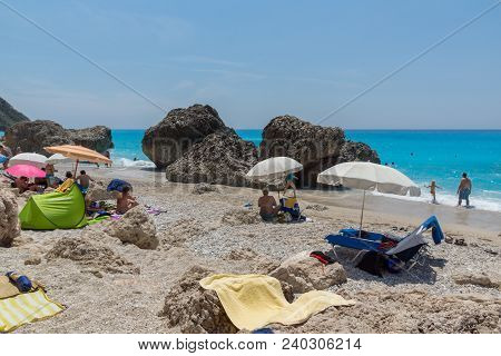 Megali Petra Beach, Lefkada, Greece - July 16, 2014: Panoramic View Of Blue Waters Of Megali Petra B