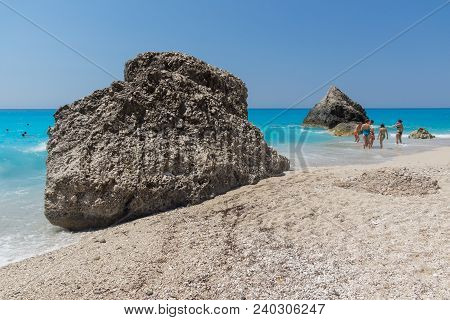 Megali Petra Beach, Lefkada, Greece - July 16, 2014: Panoramic View Of Blue Waters Of Megali Petra B