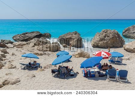 Megali Petra Beach, Lefkada, Greece - July 16, 2014: Panoramic View Of Blue Waters Of Megali Petra B