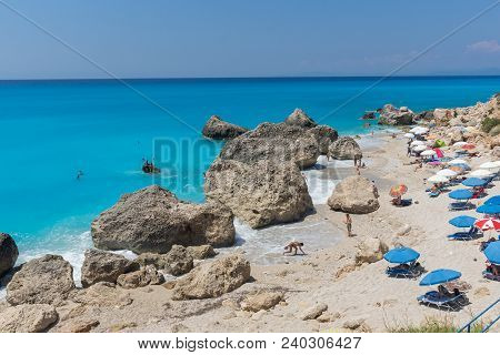 Megali Petra Beach, Lefkada, Greece - July 16, 2014: Panoramic View Of Blue Waters Of Megali Petra B