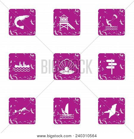Onshore Fish Icons Set. Grunge Set Of 9 Onshore Fish Vector Icons For Web Isolated On White Backgrou