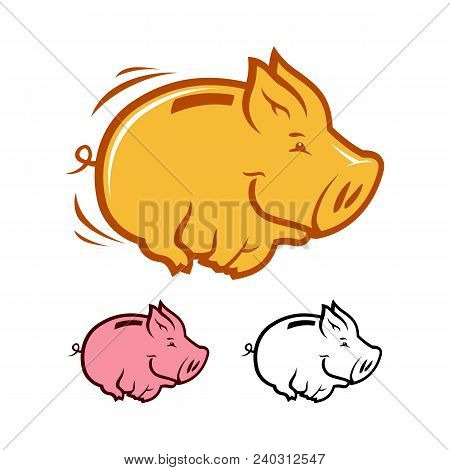 Vector Illustration Of Cartoon Running Piggy Bank.