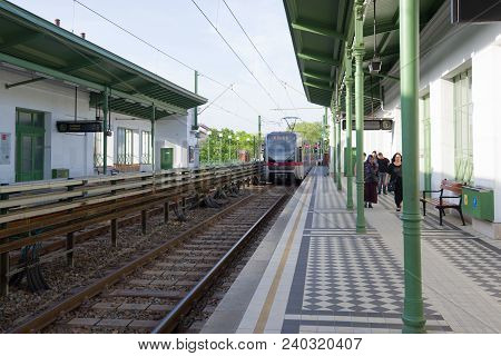 Vienna, Austria - April 28, 2018: The Train Of The Land Line Of The Subway Has Gone From The Alser S