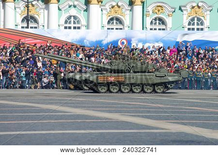 Saint Petersburg, Russia - May 06, 2018: Two Russian T-72b3 Tanks On The Dress Rehearsal Of The Mili