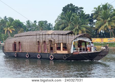 Alleppey, India - November 6, 2016: Tourists On Houseboat Floating On Backwaters In Kerala State