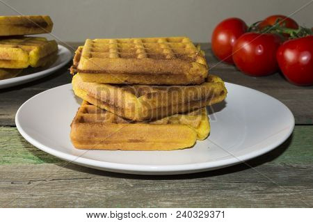 Waffles With Vegetables On A Wooden Frie Close Up, Breakfast