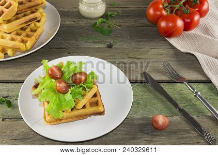 Waffles With Vegetables On A Wooden Frie Close Up, Breakfast