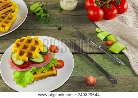 Waffles With Vegetables On A Wooden Frie Close Up, Breakfast