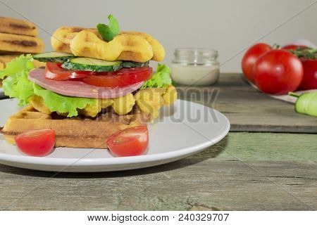 Waffles With Vegetables On A Wooden Frie Close Up, Breakfast
