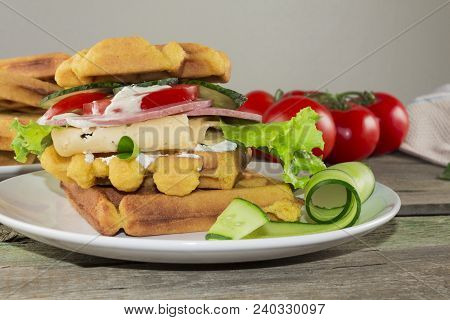 Waffles With Vegetables On A Wooden Frie Close Up, Breakfast