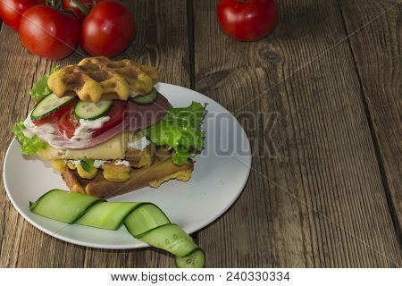 Waffles With Vegetables On A Wooden Frie Close Up, Breakfast