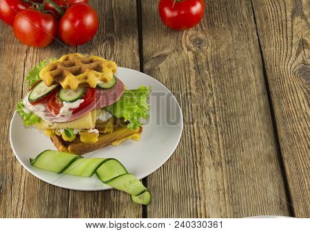Waffles With Vegetables On A Wooden Frie Close Up, Breakfast